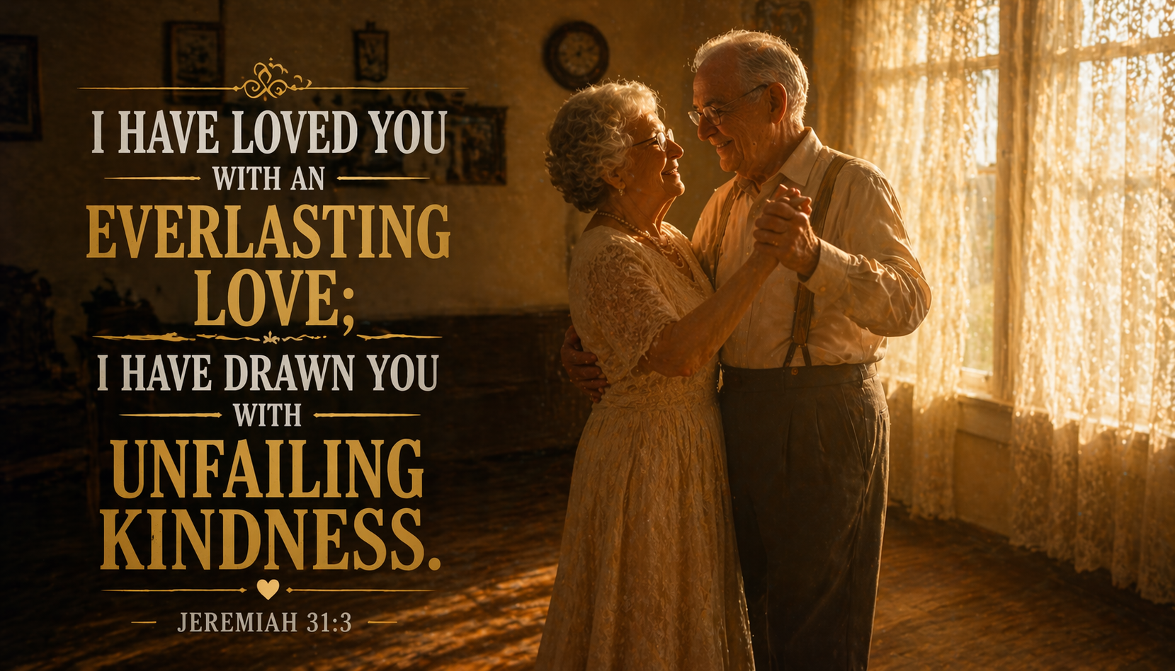 Jeremiah 31:3 Bible verse wallpaper elderly couple dancing alone golden afternoon light lace curtains everlasting love kindness
